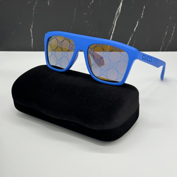 NEW GUCCI GG1570S 004 UNISEX SUNGLASSES GUCCI GG 1570S 004 BLUE SQUARE EYEWEAR - Picture 1 of 11